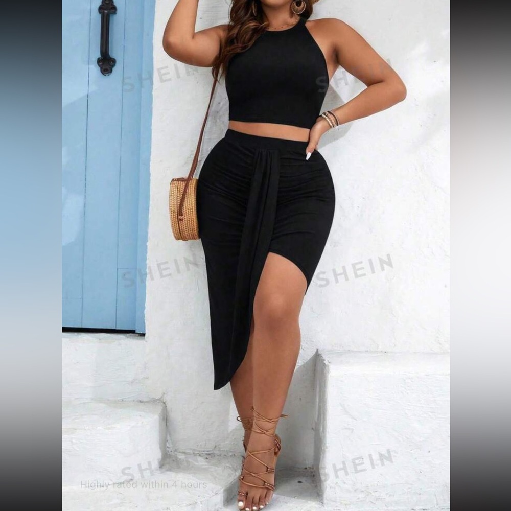 SHEIN VCAY Solid Crop Halter Top & Twist Front Skirt
